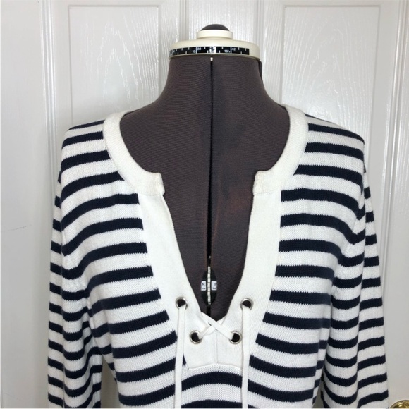 Nautica Cotton Knit V Neckline String Navy White Stripes Versatile Sweater M - Picture 2 of 10